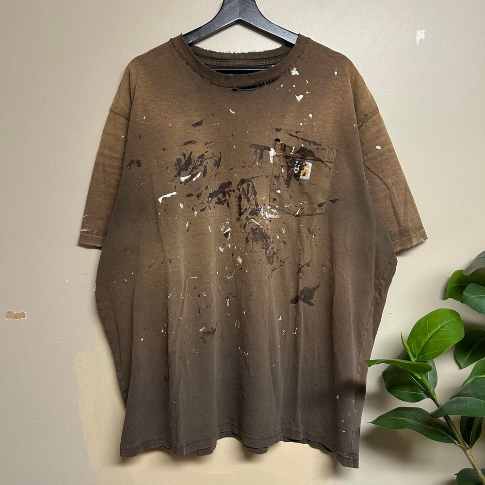 Vintage Carhartt Faded Painted Pocket T Shirt Mens XXL Brown Distressed Y2K